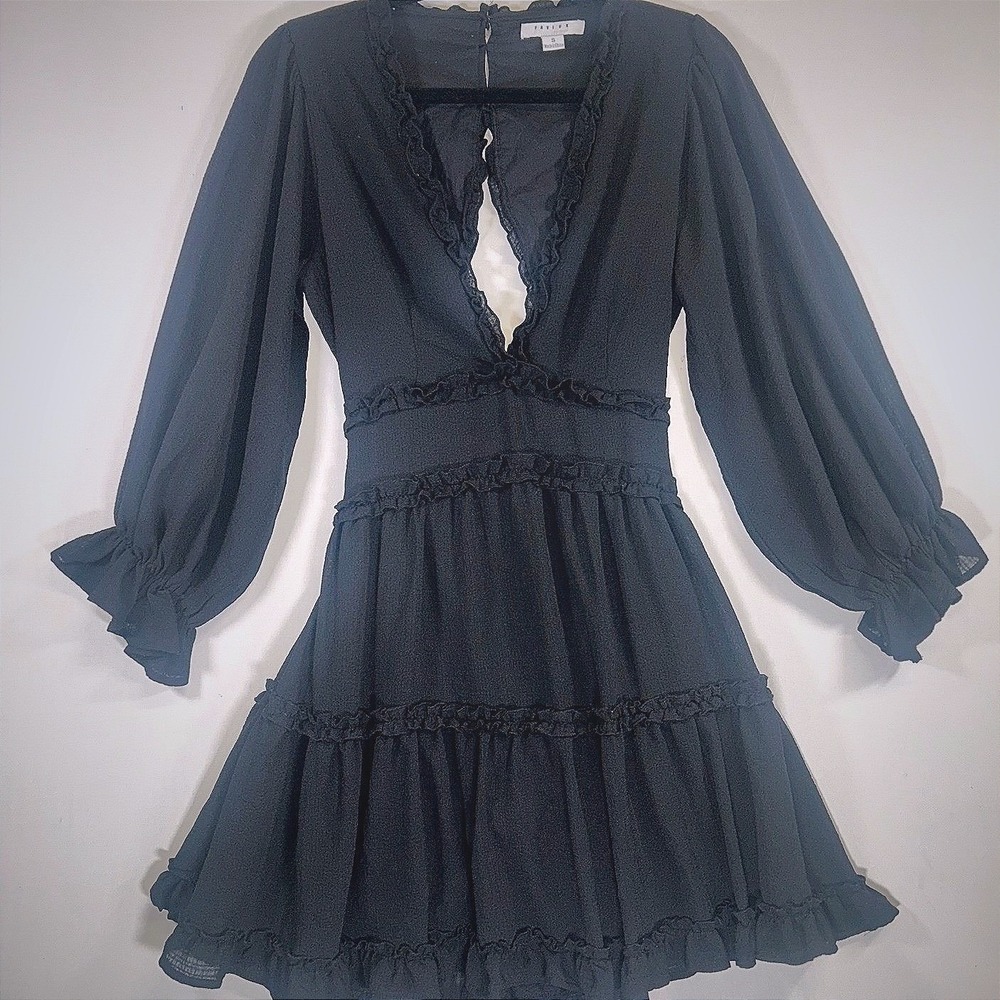 Favlux Black Ruffle Mini Dress Romantic Goth Coquette Open Back Long Sleeve
